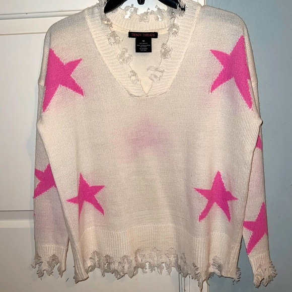 Trendy Threads Sweaters - Women’s off white/pink stars sweater; Like new condition worn twice